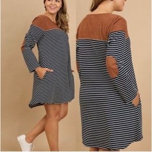 Umgee Striped Navy and Brown Long Sleeve Shift Dress